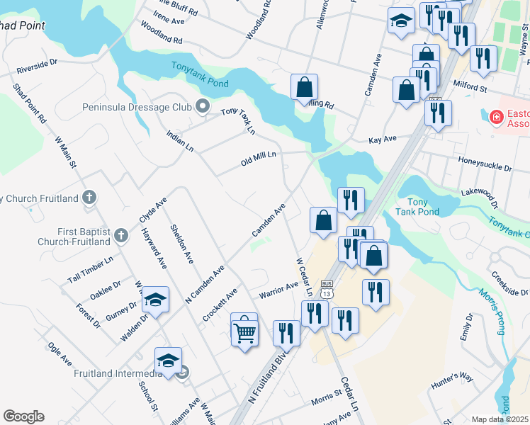 map of restaurants, bars, coffee shops, grocery stores, and more near 401 Cobblers Green Road in Salisbury