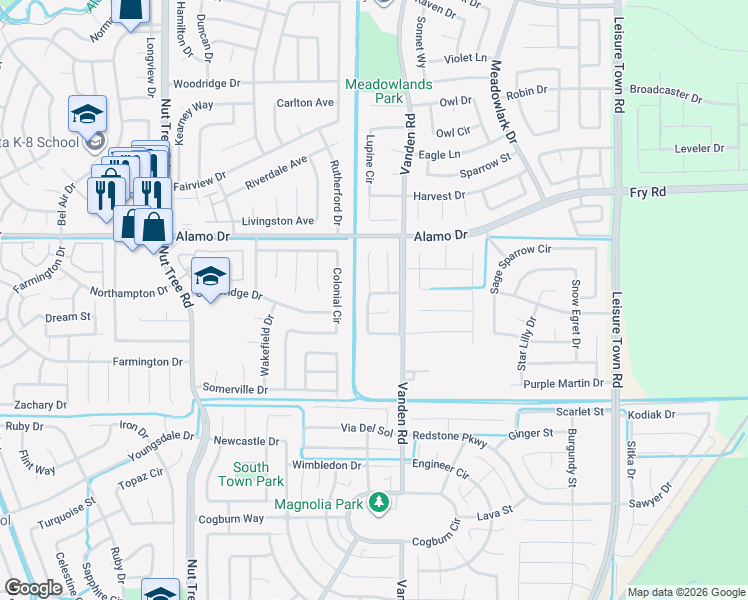 map of restaurants, bars, coffee shops, grocery stores, and more near 107 Liberty Court in Vacaville