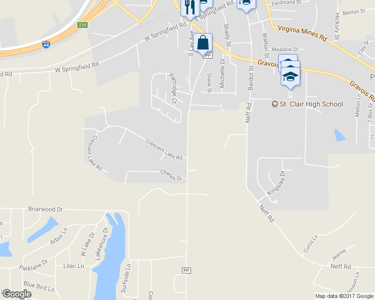 map of restaurants, bars, coffee shops, grocery stores, and more near 1314 Sycamore Lane in Saint Clair