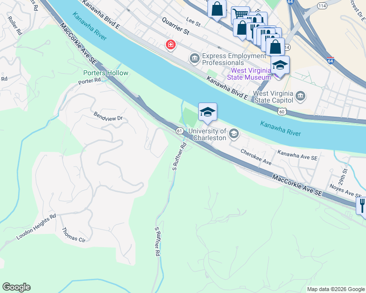 map of restaurants, bars, coffee shops, grocery stores, and more near 1104 Roundhill Road in Charleston
