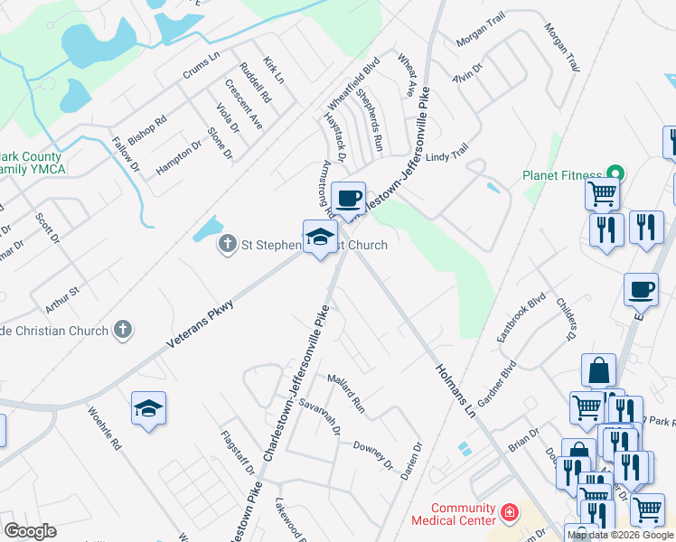 map of restaurants, bars, coffee shops, grocery stores, and more near 2915 Charlestown Pike in Jeffersonville