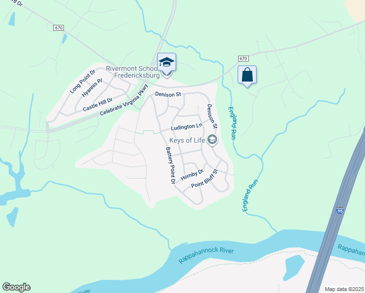 map of restaurants, bars, coffee shops, grocery stores, and more near 49 Mendota Way in Fredericksburg