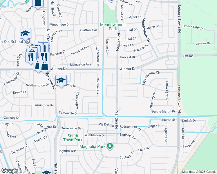 map of restaurants, bars, coffee shops, grocery stores, and more near 107 Liberty Court in Vacaville