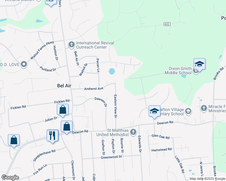 map of restaurants, bars, coffee shops, grocery stores, and more near 1009 Eastern View Drive in Fredericksburg