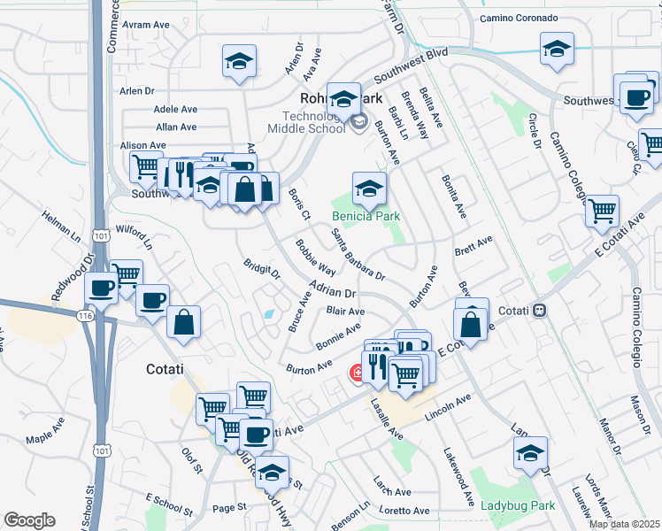 map of restaurants, bars, coffee shops, grocery stores, and more near 7586 Bobbie Way in Rohnert Park