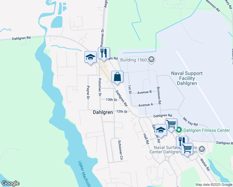 map of restaurants, bars, coffee shops, grocery stores, and more near 17190 Dahlgren Road in King George