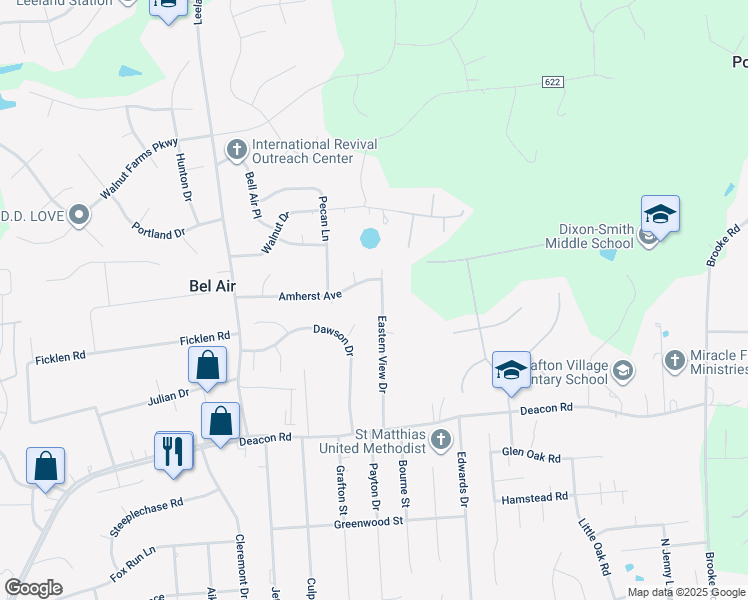 map of restaurants, bars, coffee shops, grocery stores, and more near 1009 Eastern View Drive in Fredericksburg