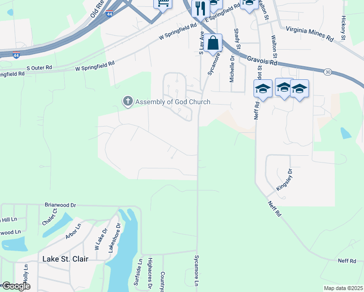 map of restaurants, bars, coffee shops, grocery stores, and more near 125 Crescent Lake Road in Saint Clair