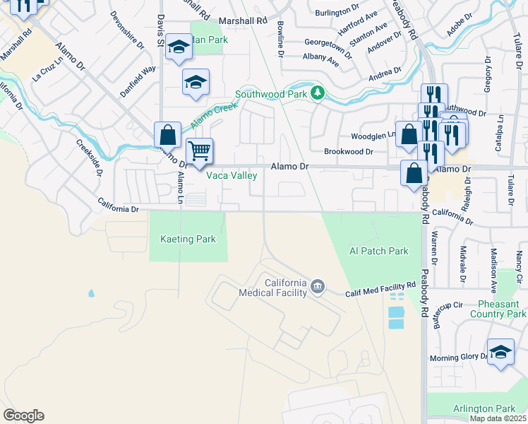 map of restaurants, bars, coffee shops, grocery stores, and more near California Drive in Vacaville