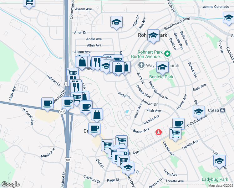 map of restaurants, bars, coffee shops, grocery stores, and more near 7416 Bridgit Drive in Rohnert Park