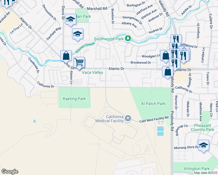 map of restaurants, bars, coffee shops, grocery stores, and more near California Drive in Vacaville