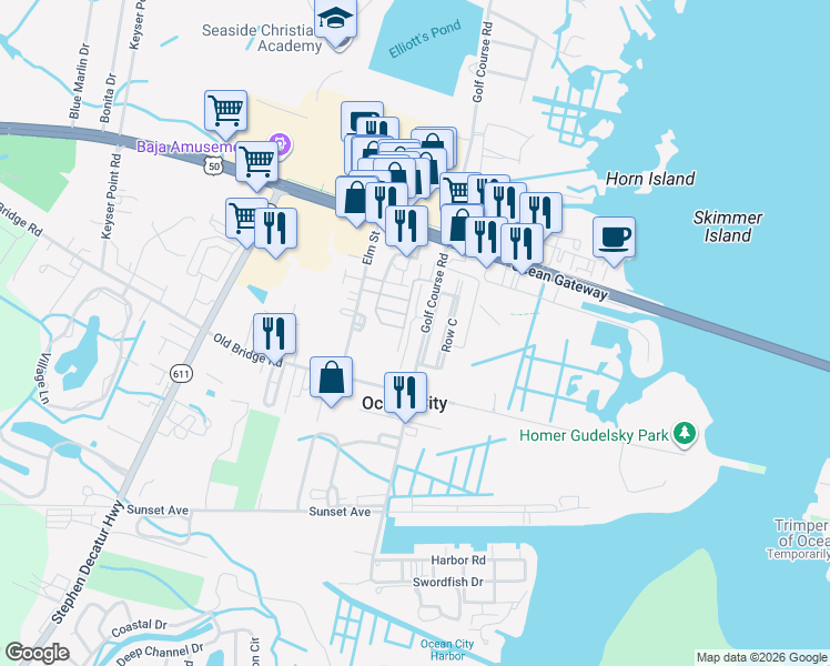 map of restaurants, bars, coffee shops, grocery stores, and more near 9 Golf Course Road in Ocean City