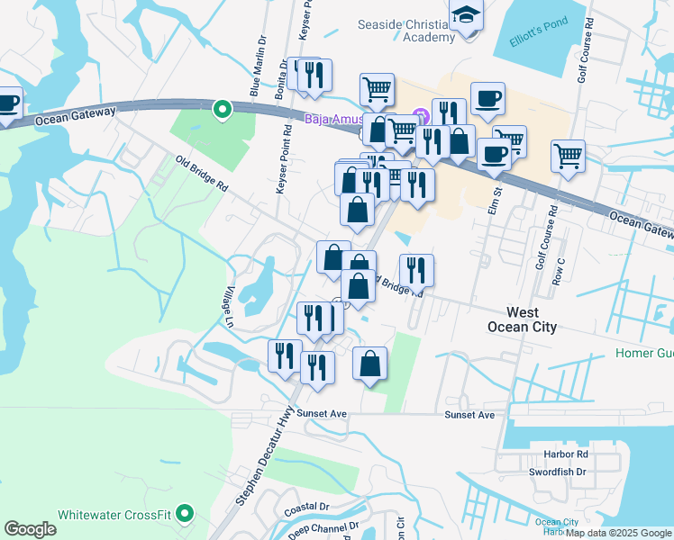 map of restaurants, bars, coffee shops, grocery stores, and more near 12545 Old Bridge Road in Ocean City