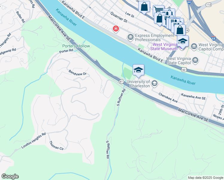 map of restaurants, bars, coffee shops, grocery stores, and more near 1800 Roundhill Road in Charleston