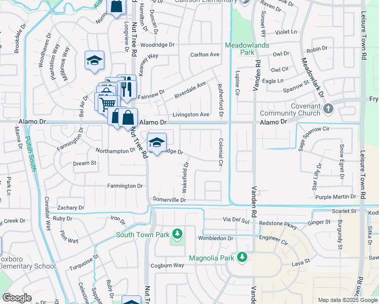 map of restaurants, bars, coffee shops, grocery stores, and more near 219 Cambridge Drive in Vacaville