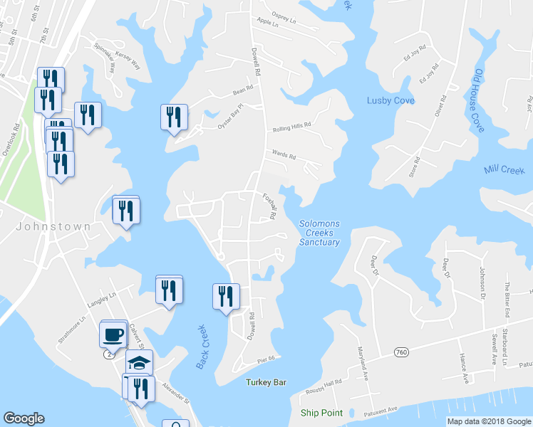 map of restaurants, bars, coffee shops, grocery stores, and more near 542 Summerset Court in Solomons