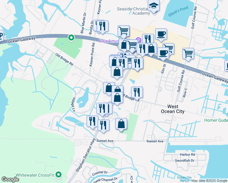 map of restaurants, bars, coffee shops, grocery stores, and more near 12545 Old Bridge Road in Ocean City