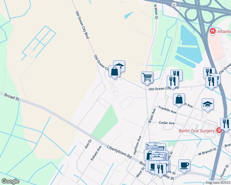 map of restaurants, bars, coffee shops, grocery stores, and more near 10919 Sunlight Lane in Berlin