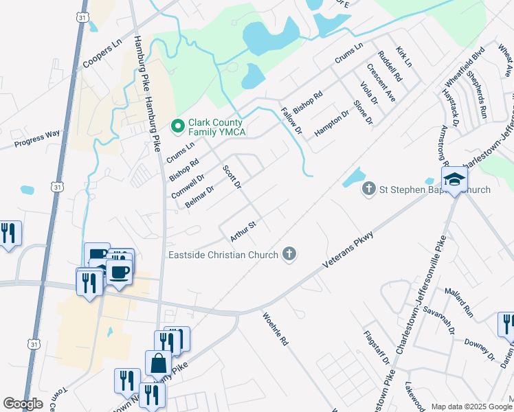 map of restaurants, bars, coffee shops, grocery stores, and more near 2403 Kingsfield Street in Jeffersonville