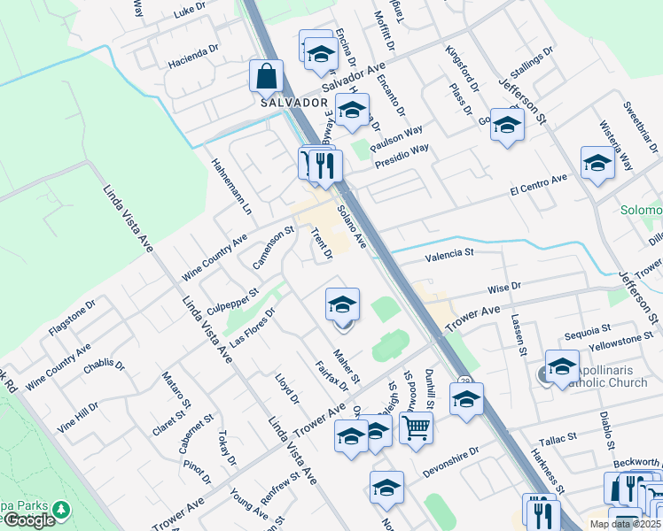 map of restaurants, bars, coffee shops, grocery stores, and more near 105 Wingard Circle in Napa