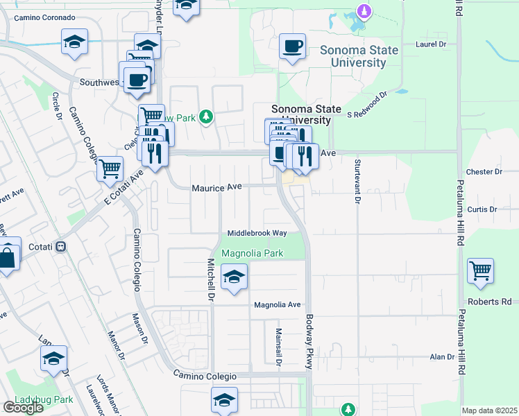 map of restaurants, bars, coffee shops, grocery stores, and more near 7447 Maureen Lane in Rohnert Park