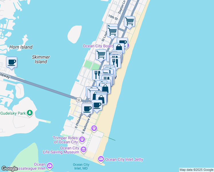 map of restaurants, bars, coffee shops, grocery stores, and more near in Ocean City