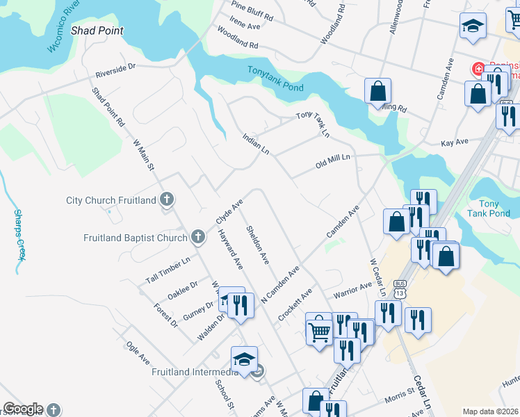 map of restaurants, bars, coffee shops, grocery stores, and more near 518 Clyde Avenue in Fruitland