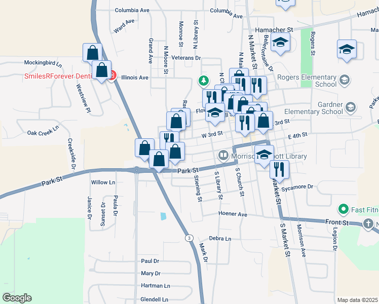 map of restaurants, bars, coffee shops, grocery stores, and more near 325 West 4th Street in Waterloo