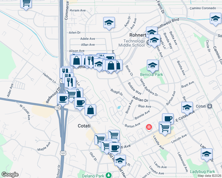 map of restaurants, bars, coffee shops, grocery stores, and more near 7416 Bridgit Drive in Rohnert Park