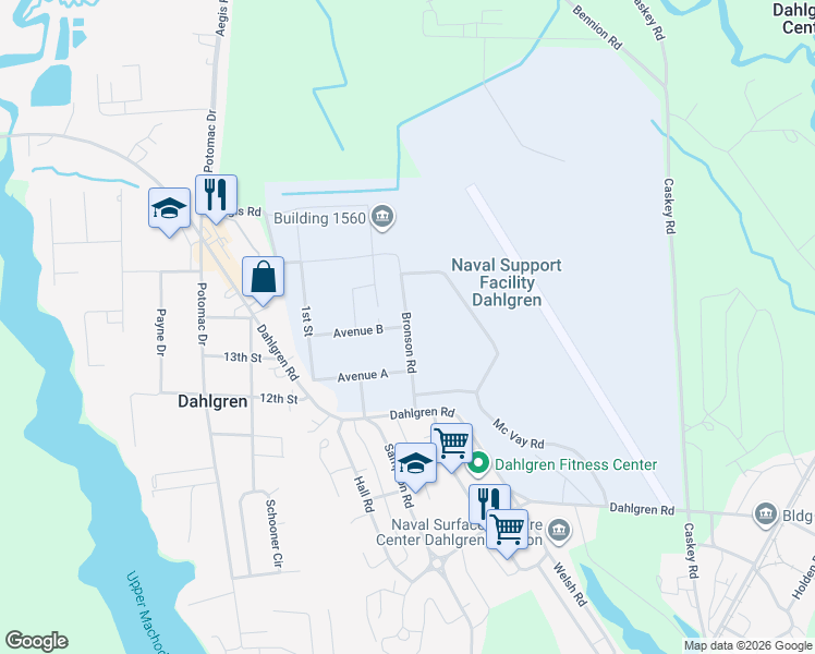 map of restaurants, bars, coffee shops, grocery stores, and more near Bronson Road in Dahlgren