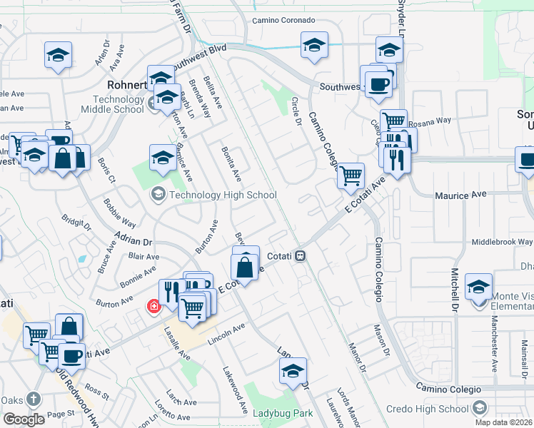 map of restaurants, bars, coffee shops, grocery stores, and more near 747 Brett Avenue in Rohnert Park