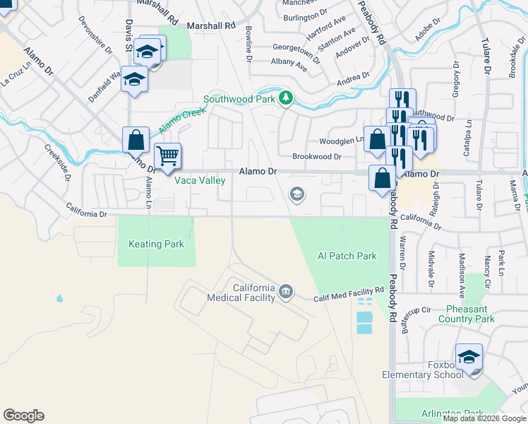 map of restaurants, bars, coffee shops, grocery stores, and more near 1642 Amapola Street in Vacaville