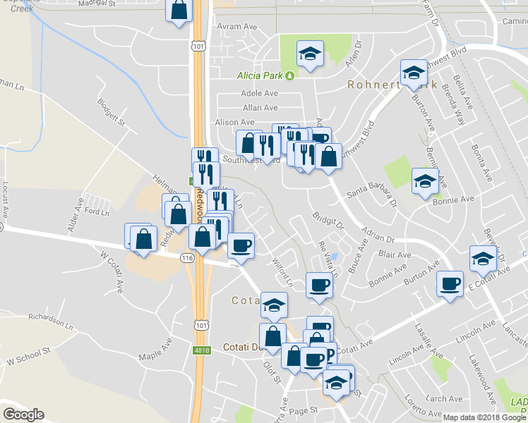 map of restaurants, bars, coffee shops, grocery stores, and more near 12 Meadowbrook Court in Cotati
