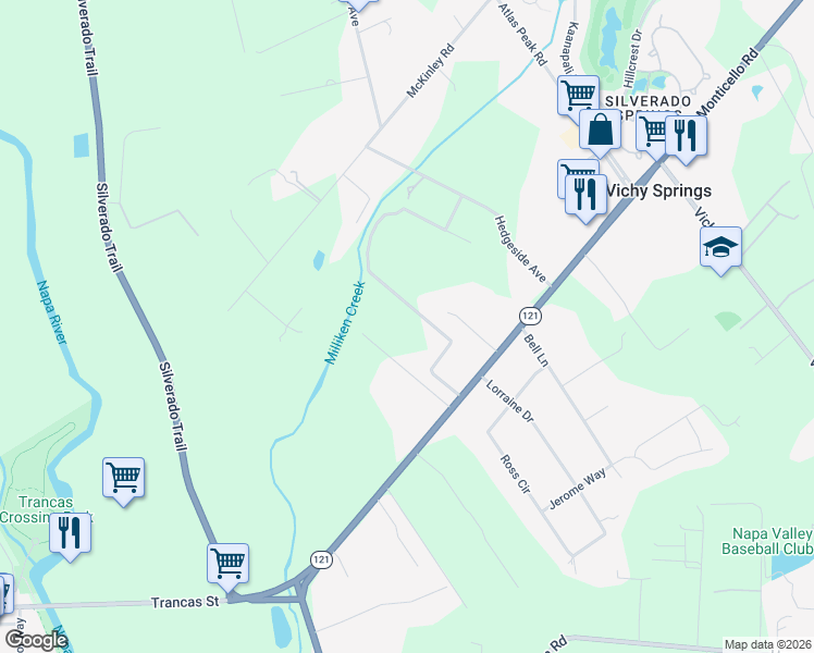 map of restaurants, bars, coffee shops, grocery stores, and more near 1196 Monticello Road in Napa