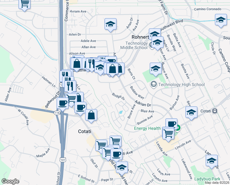 map of restaurants, bars, coffee shops, grocery stores, and more near 7416 Bridgit Drive in Rohnert Park