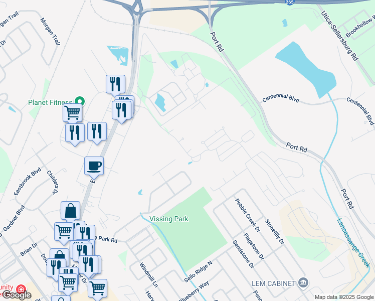 map of restaurants, bars, coffee shops, grocery stores, and more near 3801 Violet Court in Jeffersonville
