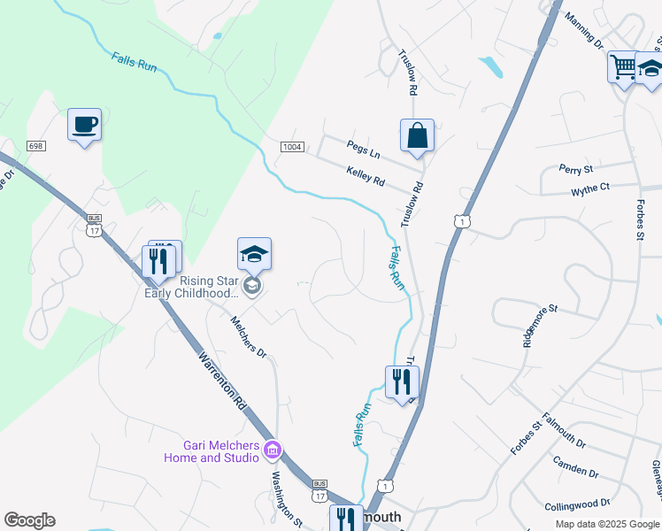 map of restaurants, bars, coffee shops, grocery stores, and more near 5 Chaps Lane in Fredericksburg