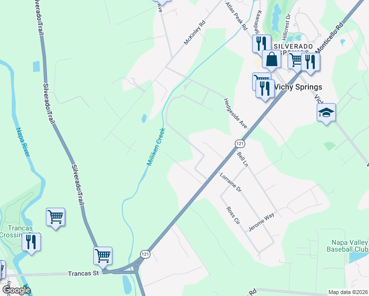 map of restaurants, bars, coffee shops, grocery stores, and more near 1196 Monticello Road in Napa