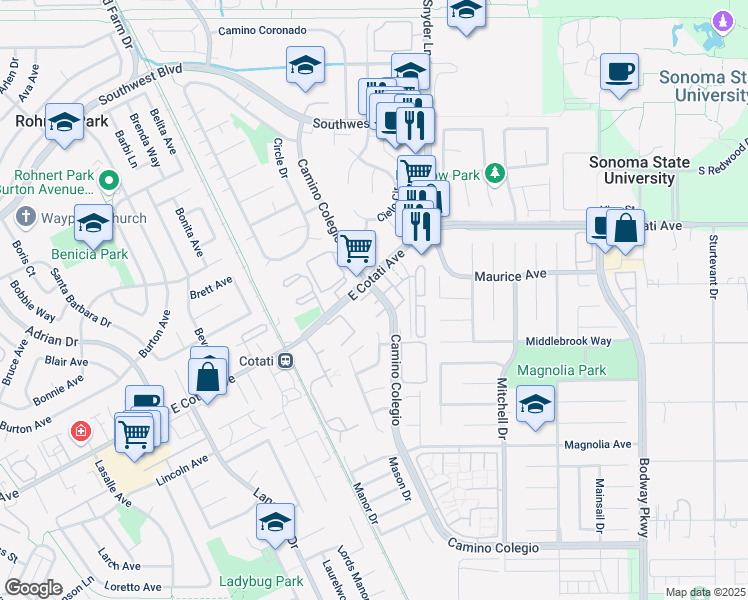 map of restaurants, bars, coffee shops, grocery stores, and more near 7500 East Cotati Avenue in Rohnert Park