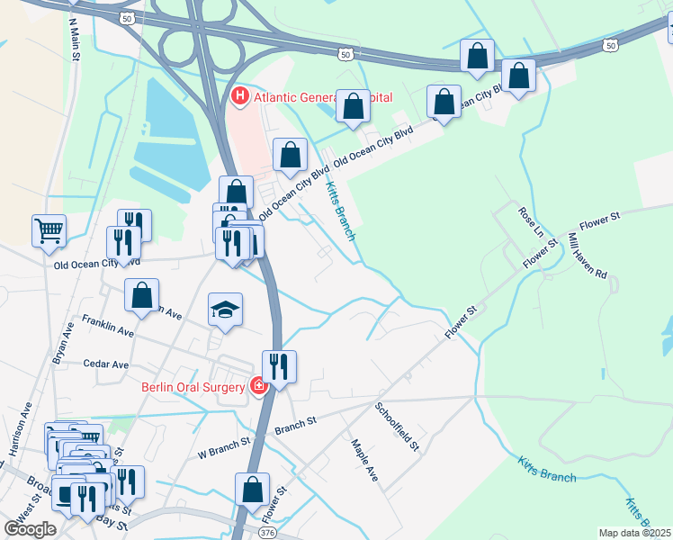 map of restaurants, bars, coffee shops, grocery stores, and more near 10302 Old Ocean City Boulevard in Berlin