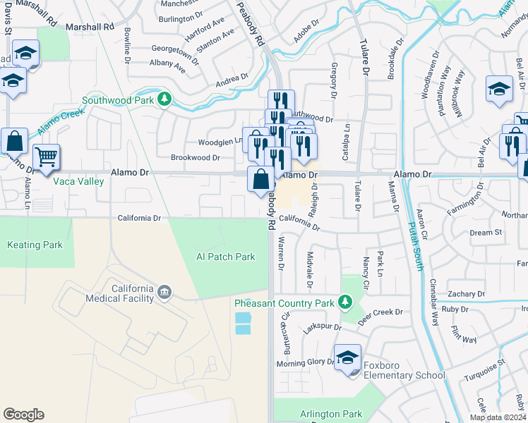 map of restaurants, bars, coffee shops, grocery stores, and more near 2070 Peabody Road in Vacaville