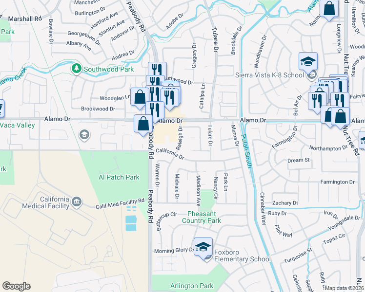 map of restaurants, bars, coffee shops, grocery stores, and more near 147 Raleigh Drive in Vacaville