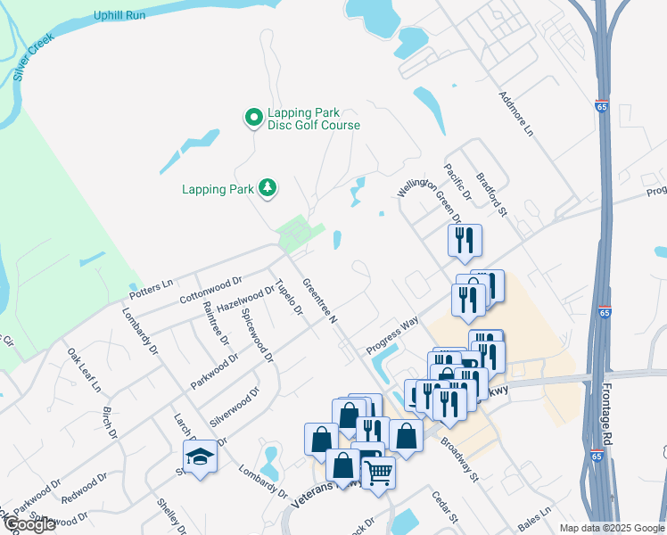 map of restaurants, bars, coffee shops, grocery stores, and more near 2200 Greentree North in Clarksville