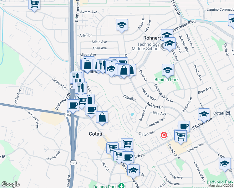 map of restaurants, bars, coffee shops, grocery stores, and more near 7416 Bridgit Drive in Rohnert Park