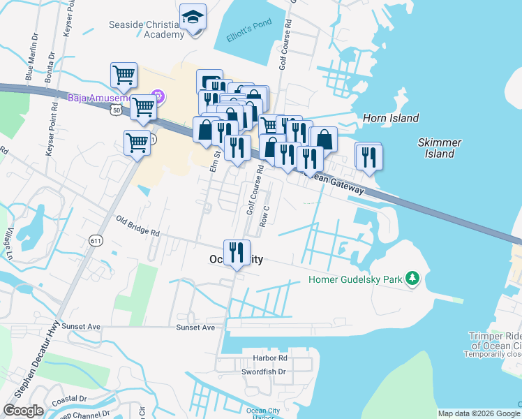 map of restaurants, bars, coffee shops, grocery stores, and more near 9 Row A in Ocean City