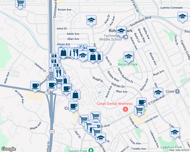 map of restaurants, bars, coffee shops, grocery stores, and more near 7432 Bridgit Drive in Rohnert Park