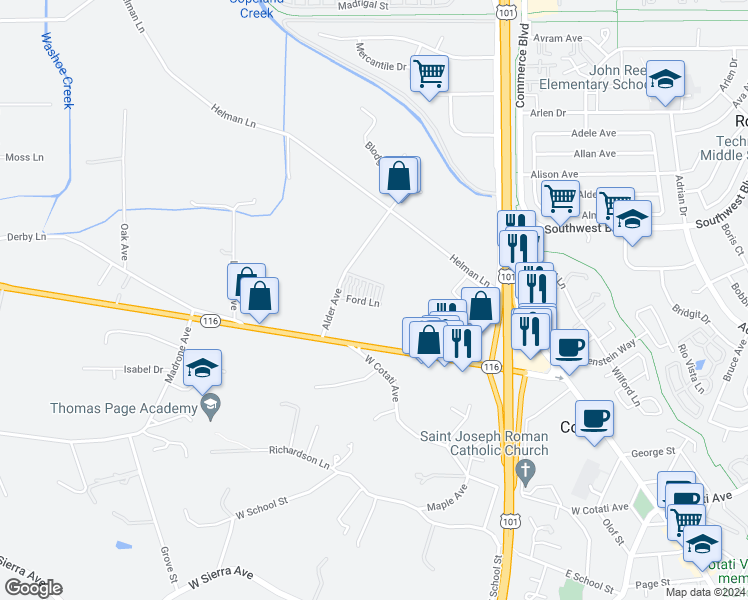 map of restaurants, bars, coffee shops, grocery stores, and more near 7940 Scriver Court in Cotati