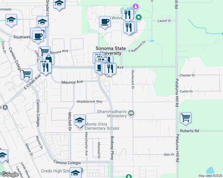 map of restaurants, bars, coffee shops, grocery stores, and more near 7448 Madera Place in Rohnert Park