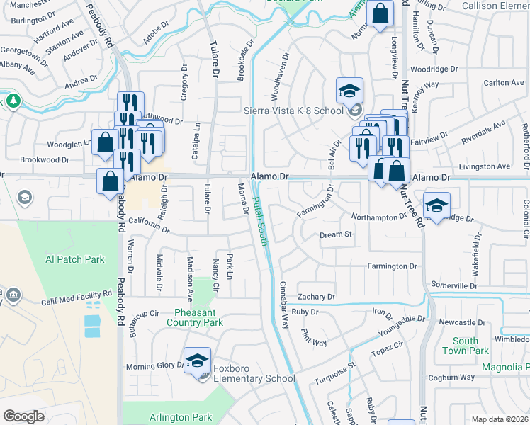map of restaurants, bars, coffee shops, grocery stores, and more near 284 Aaron Circle in Vacaville