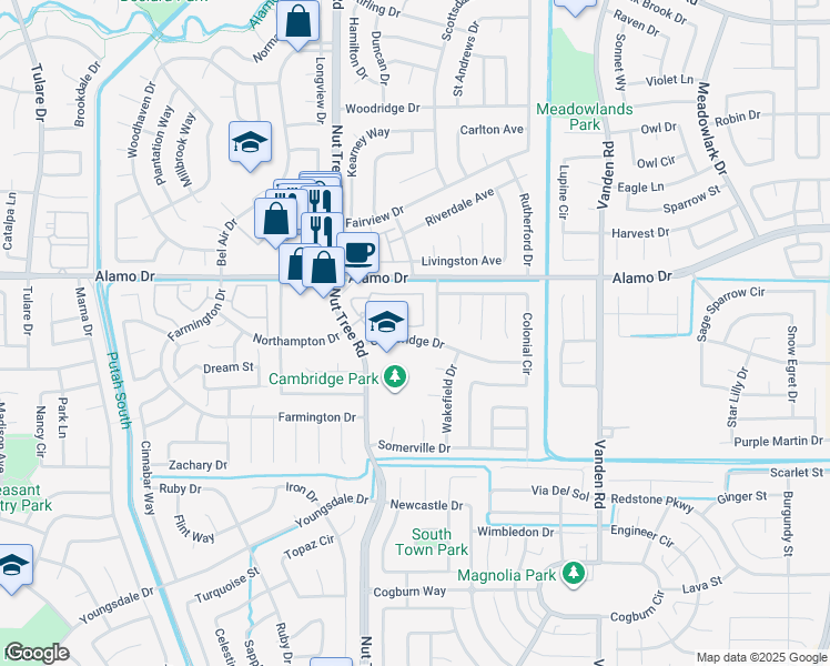 map of restaurants, bars, coffee shops, grocery stores, and more near 161 Cambridge Drive in Vacaville